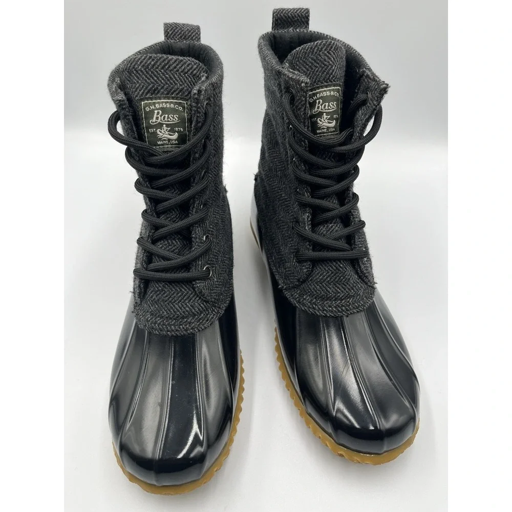 G.H. Bass Duck Boots Womens 8 Black Grey‎ Herringbone Waterproof Lace Up
